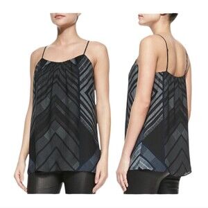 VINCE 100% Silk Chevron Print Black Blue Pleated Camisole Blouse Top size XS